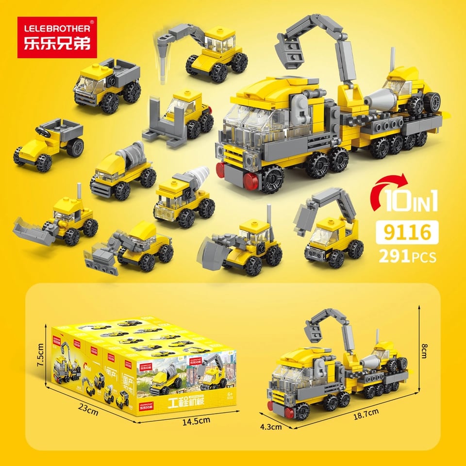 Combo 10 Hộp Lắp Ghép Xe Công Trình -Loại 10 in 1 - (10 Mẫu nhỏ lắp thành 1 mẫu to) SKU: LG-9116 by Lelebrother